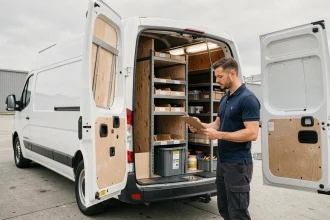 Artisan debout devant l'intérieur aménagé d'un Renault Master blanc avec étagères en bois et rangements outils organisés