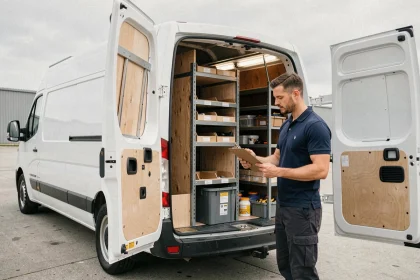 Artisan debout devant l'intérieur aménagé d'un Renault Master blanc avec étagères en bois et rangements outils organisés