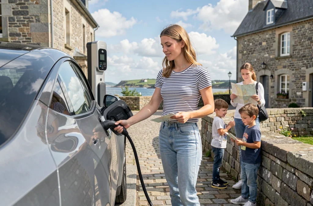 Femme branchant une voiture électrique grise à une borne de recharge dans un village côtier breton en vacances en famille