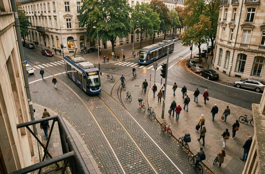 Vue d'un carrefour urbain européen avec tramway et piétons illustrant la réduction de la circulation grâce aux transports en commun