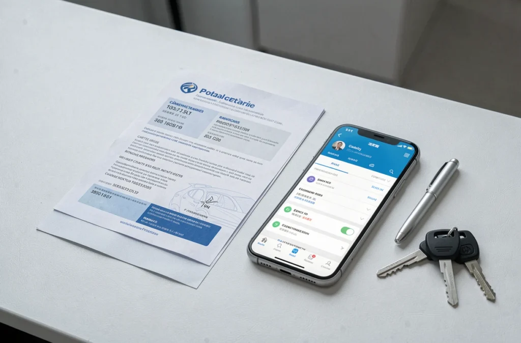 Vue de dessus d'une carte grise française, d'un smartphone et de clés de voiture sur un bureau blanc