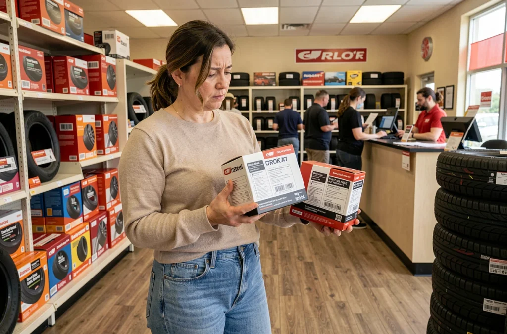 Femme comparant des pneus économiques en magasin spécialisé pour choisir le bon indice de vitesse