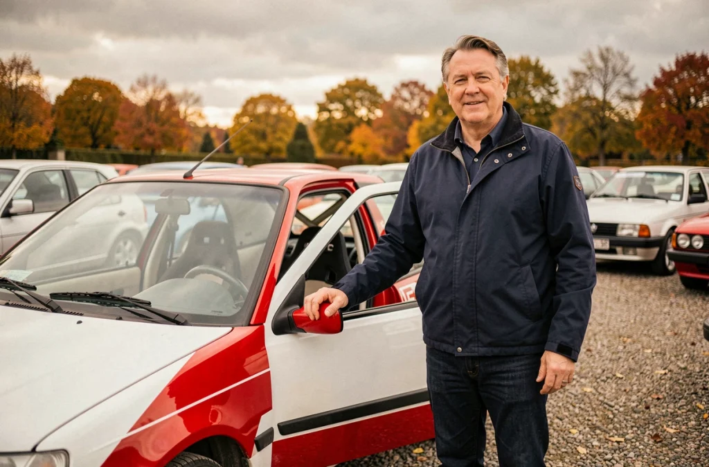Collectionneur posant fièrement à côté de sa Peugeot 306 Maxi lors d'un rassemblement de voitures classiques en automne