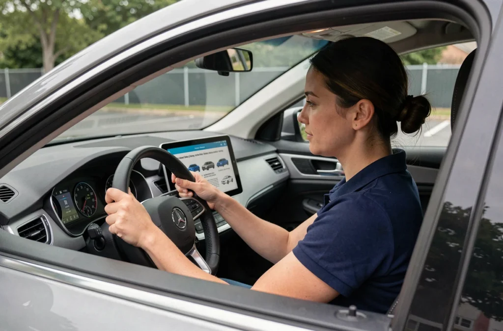 Femme s'entraînant aux questions de vérification du permis sur une tablette installée dans sa voiture