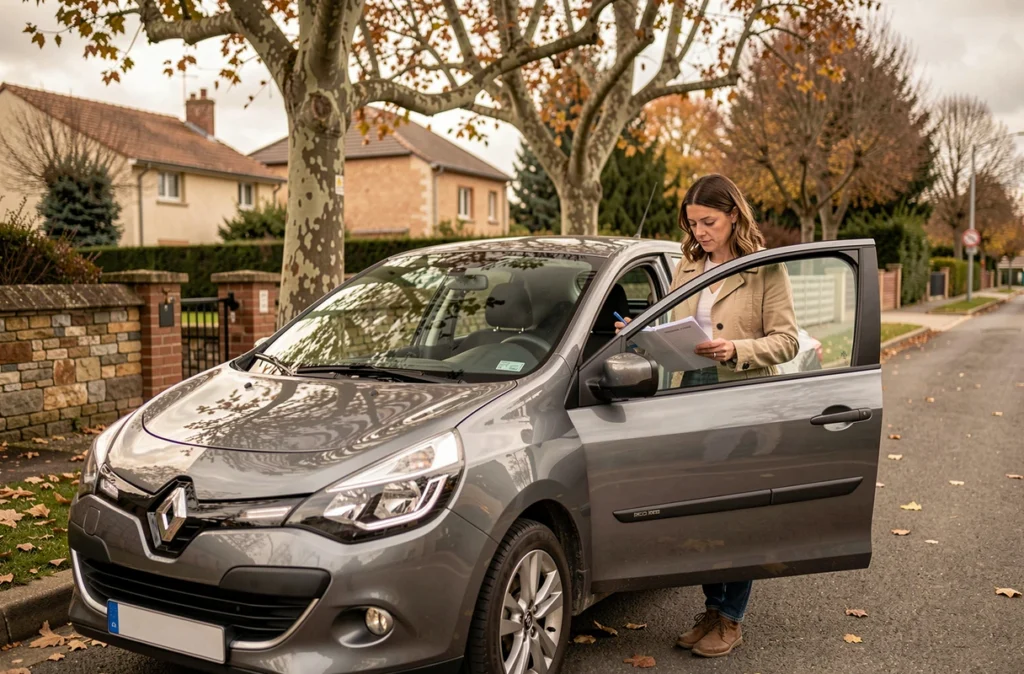 Femme consultant le carnet d'entretien d'une Renault Clio 1.5 dCi garée dans une rue résidentielle française