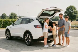 Famille chargeant ses bagages dans une voiture électrique blanche lors d'une pause sur l'autoroute pendant les vacances d'été