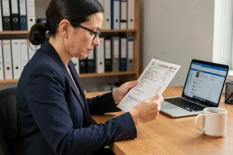 Femme consultant une carte grise pour trouver les chevaux fiscaux de son véhicule