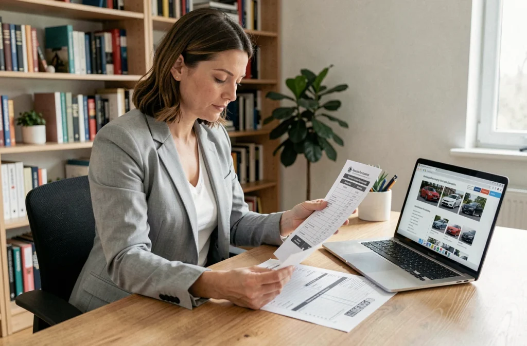 Femme consultant un document de conversion de puissance automobile en chevaux fiscaux et kilowatts à son bureau à domicile