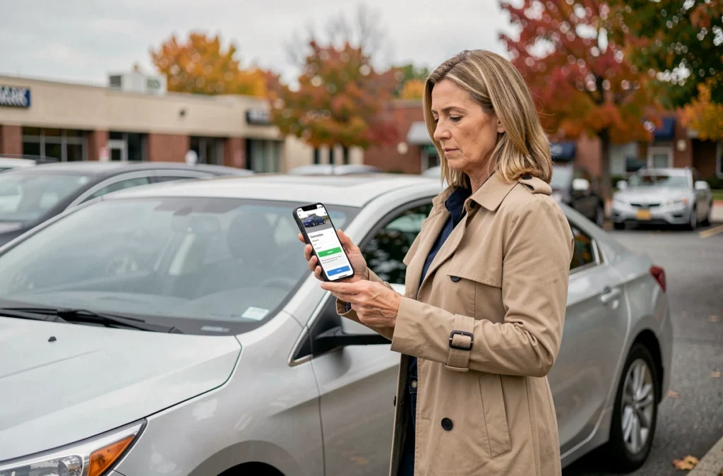 Femme vérifiant l'état de sa demande de carte grise sur smartphone près de sa voiture