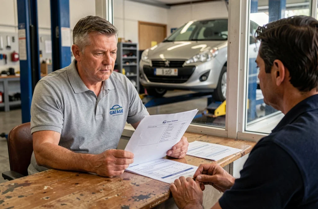 Garagiste expliquant le diagnostic du code P1351 Peugeot 1.6 HDI à un client dans la réception d'un atelier automobile