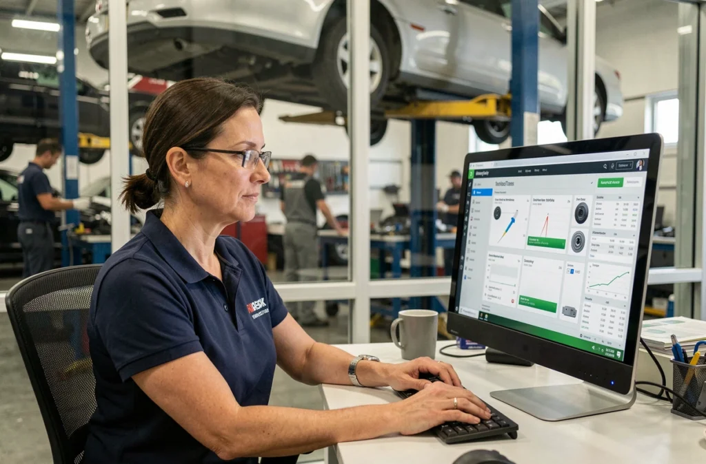 Gérante d'atelier automobile utilisant le logiciel Haynes Pro Workshop Data sur un écran d'ordinateur de bureau dans un bureau vitré donnant sur l'atelier