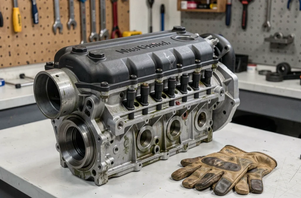 Gros plan sur un bloc moteur 1.5 dCi Renault posé sur un établi d'atelier, détails des composants diesel