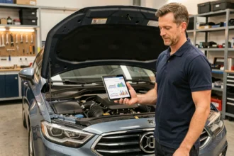 Ingénieur automobile consultant des données de puissance moteur en chevaux et kilowatts sur une tablette numérique dans un atelier professionnel