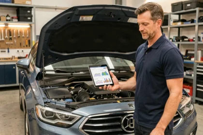 Ingénieur automobile consultant des données de puissance moteur en chevaux et kilowatts sur une tablette numérique dans un atelier professionnel