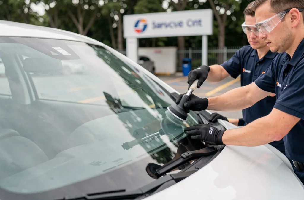 Installation professionnelle d'un pare-brise sur une voiture par deux techniciens en centre de vitrerie automobile