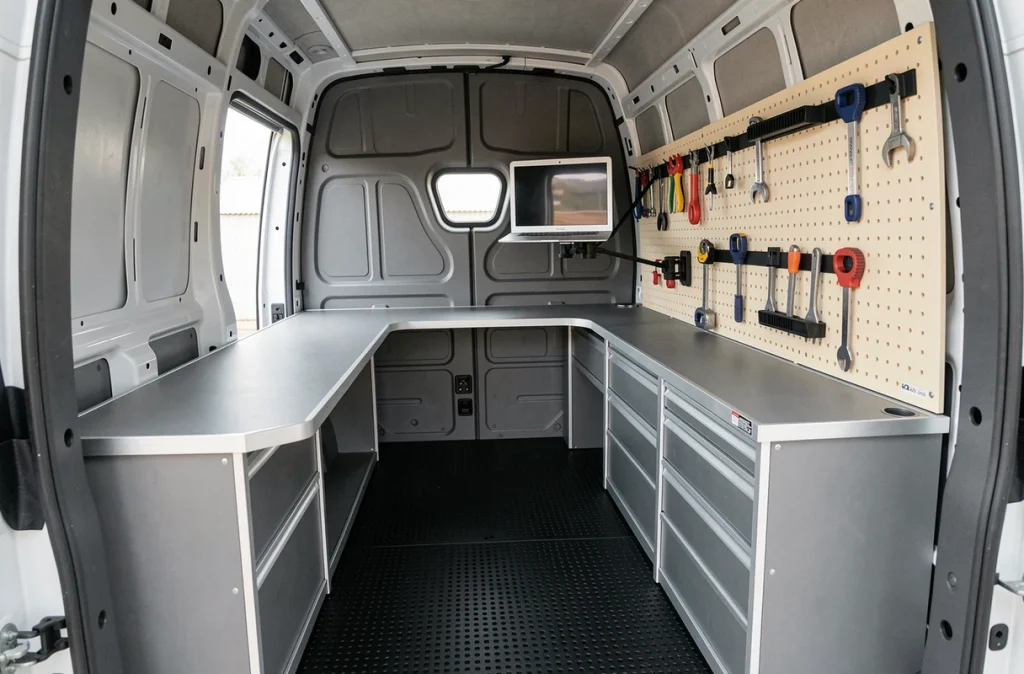 Intérieur d'un Renault Master aménagé avec établi rabattable, tiroirs aluminium et rangement d'outils sur panneau perforé