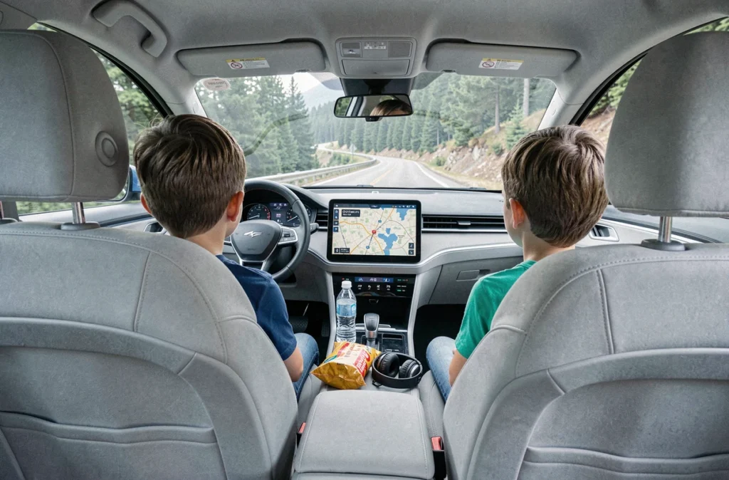 Intérieur d'une voiture électrique familiale avec deux enfants regardant par la fenêtre sur une route de montagne pendant les vacances