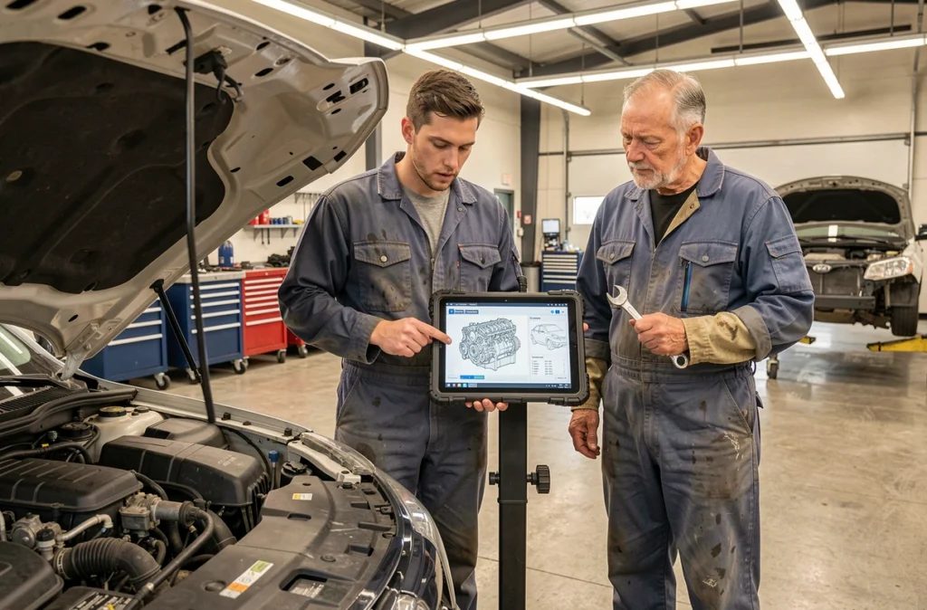 Deux mécaniciens consultant des données de réparation VL sur une tablette en atelier automobile professionnel grâce au pack Haynes Pro Workshop Data