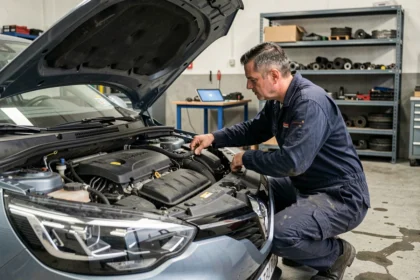Mécanicien inspectant un moteur 1.5 dCi Renault dans un garage indépendant, capot ouvert sur une Megane diesel