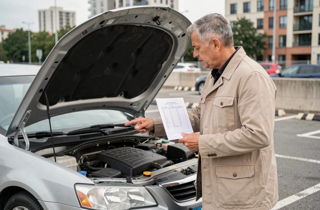 Moniteur d'auto-école expliquant les vérifications moteur avec une fiche PDF de contrôle du permis de conduire