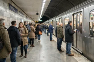 Passagers attendant et montant dans un métro moderne dans une grande ville européenne, illustrant les avantages des transports en commun pour désengorger la circulation urbaine