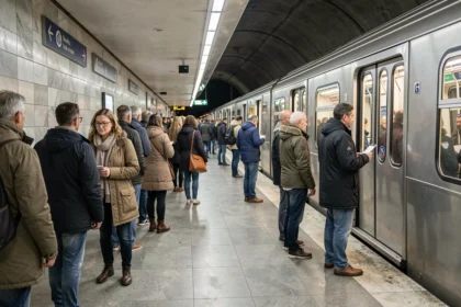 Passagers attendant et montant dans un métro moderne dans une grande ville européenne, illustrant les avantages des transports en commun pour désengorger la circulation urbaine