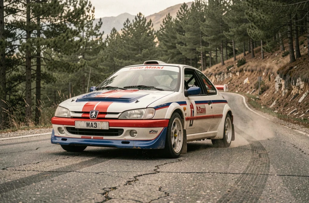 Peugeot 306 Maxi en livrée rallye sur une route de montagne, vue latérale grand angle