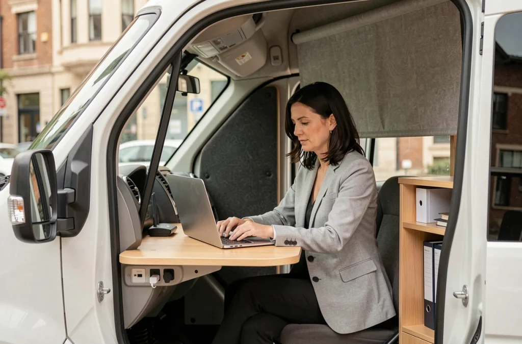 Femme travaillant sur ordinateur portable dans un Renault Master aménagé en bureau mobile avec isolation acoustique et rangements intégrés