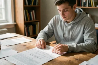 Jeune homme révisant les questions de vérification du permis de conduire sur des fiches imprimées à son bureau