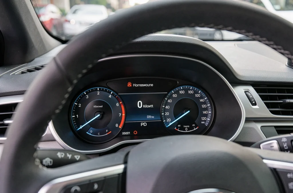 Tableau de bord d'une voiture moderne affichant les unités de puissance en chevaux fiscaux et kilowatts sur l'écran numérique du compteur