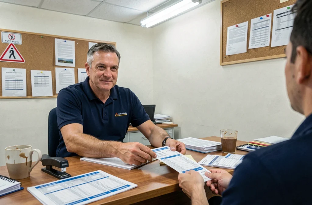 Moniteur d'auto-école présentant une grille tarifaire à un client dans un bureau d'école de conduite