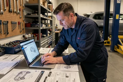 Technicien automobile consultant une base de données professionnelle Haynes Pro sur ordinateur portable dans un atelier de réparation moderne