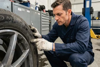 Technicien automobile examinant l'indice de vitesse sur un pneu économique dans un garage professionnel