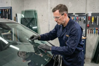 Technicien en atelier de réparation de pare-brise inspectant une vitre automobile avec précision et équipement professionnel