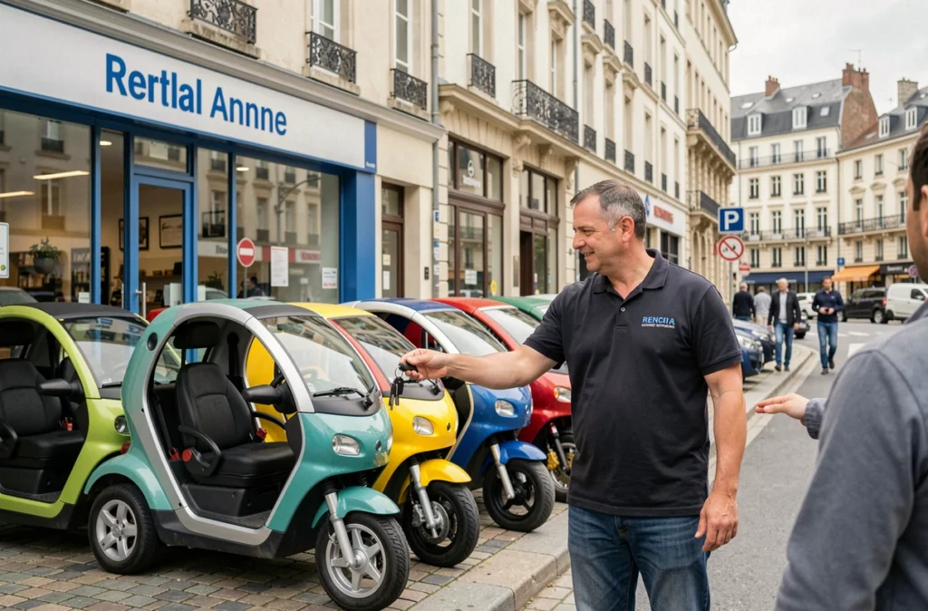 Agence de location de voitures sans permis à Rennes avec véhicules alignés devant la devanture