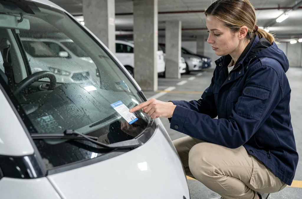 Femme appliquant la vignette d'assurance sur le pare-brise d'un scooter blanc dans un parking souterrain