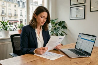 Femme consultant des documents d'assurance auto dans une agence à Saint-Nazaire