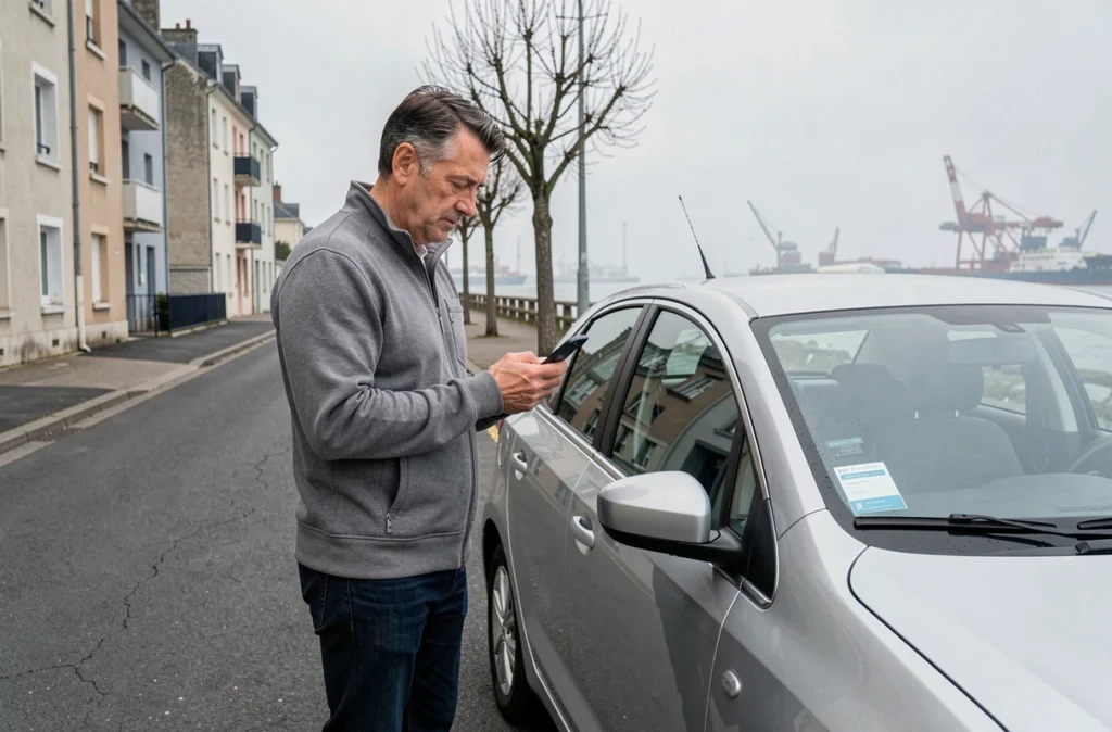 Homme comparant des tarifs d'assurance auto sur smartphone près de sa voiture à Saint-Nazaire