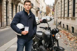 Jeune homme tenant un document d'assurance à côté de sa moto 125cc garée en ville