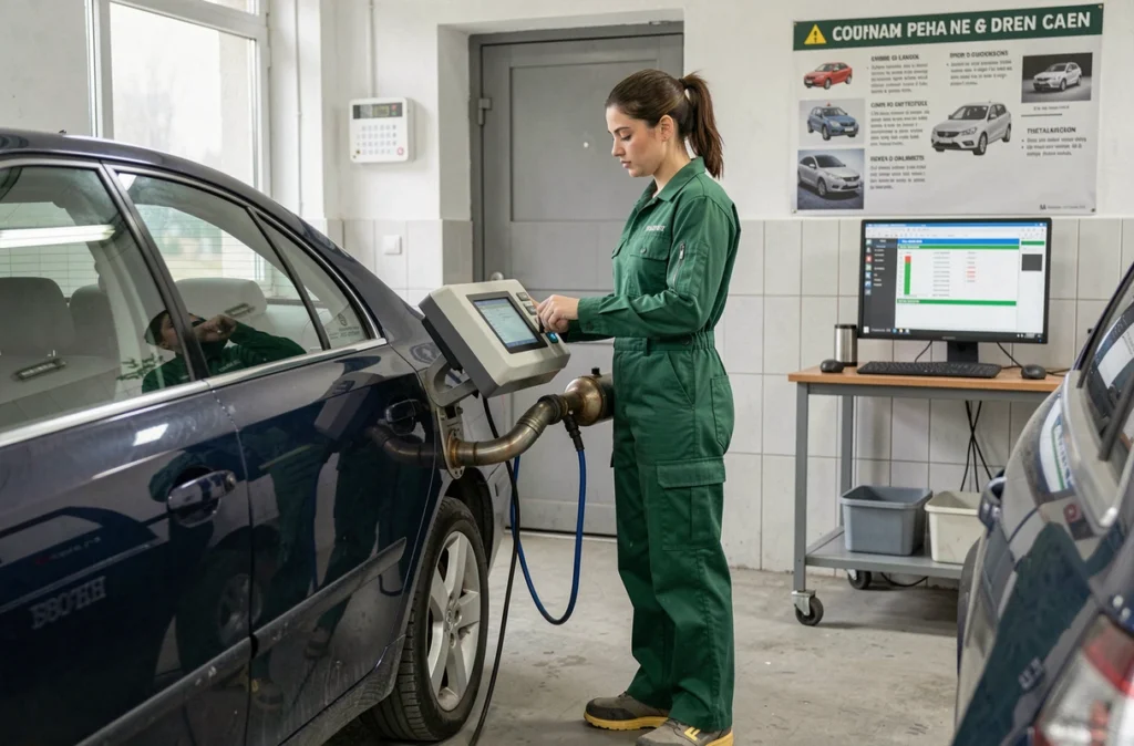 Technicienne réalisant un test d'émissions sur une berline bleue dans le centre Auto Bilan Popincourt de Malakoff