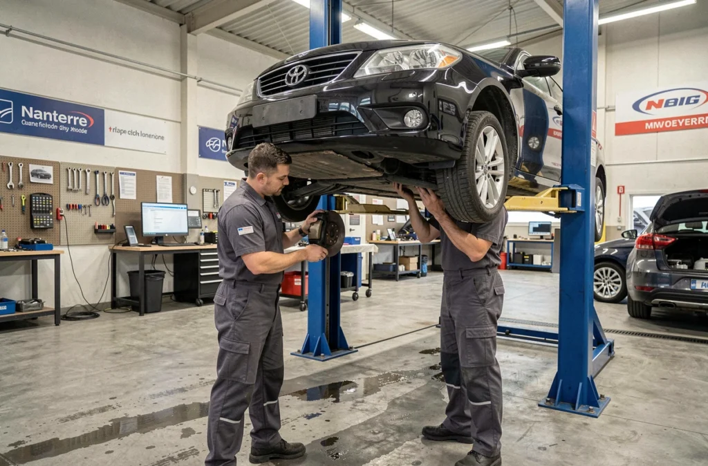 Deux techniciens collaborant sur une inspection des freins d'une berline surélevée dans le centre Auto Contrôle 92 de Nanterre
