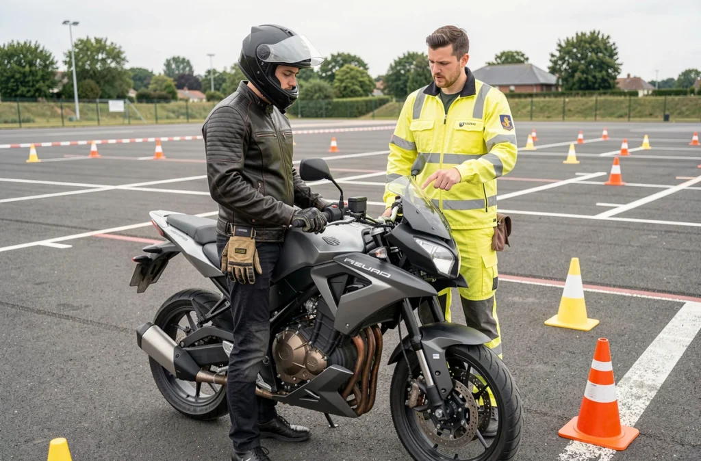 Élève en formation deux-roues avec son instructeur et une moto d'entraînement chez AMJ Beaucouzé-Angers