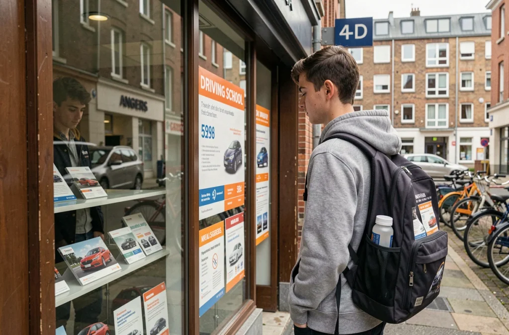 Étudiant consultant les offres de l'auto-école André Leroy implantée près du campus universitaire d'Angers