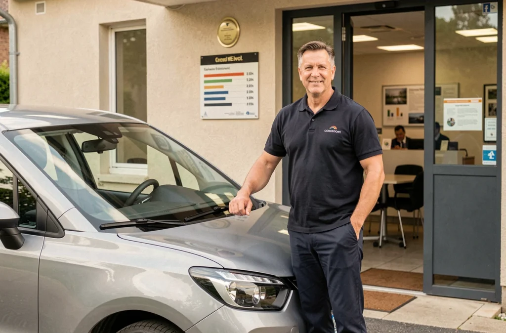 Instructeur de l'auto-école Durbece-Bulteau devant son établissement reconnu pour son excellent taux de réussite en Maine-et-Loire