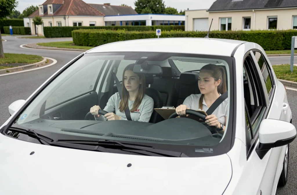 Élève en leçon de conduite permis B avec son instructrice dans un véhicule de l'auto-école France Douet à Beaucouzé