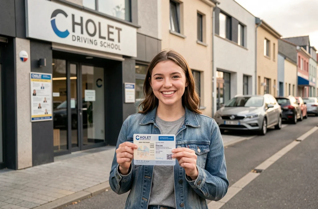 Jeune conductrice tenant son permis de conduire devant l'auto-école Permischolet à Cholet