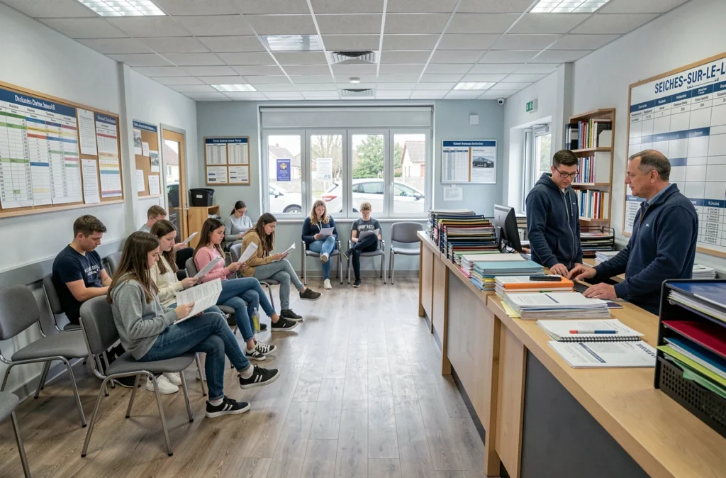 Salle d'attente animée de l'auto-école SBAE à Seiches-sur-le-Loir avec plusieurs élèves en formation