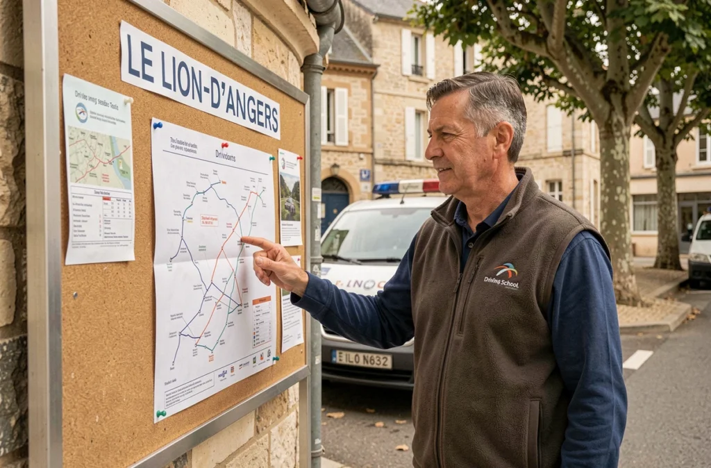 Instructeur de la Société Barthe devant l'affichage de l'auto-école référence au Lion-d'Angers