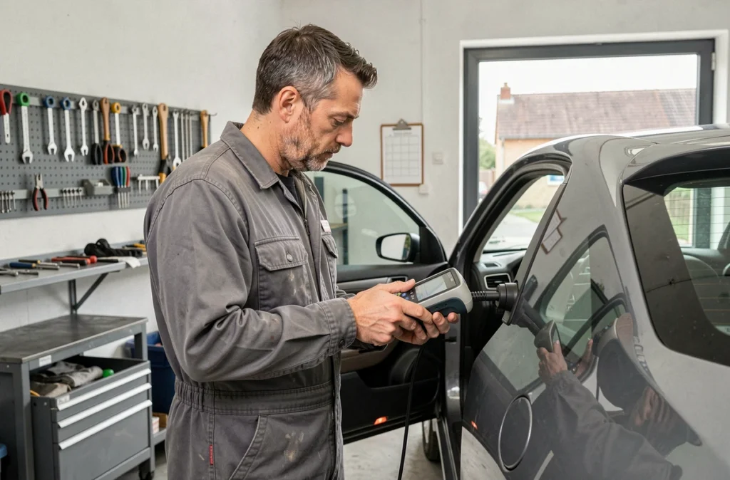 Technicien utilisant un scanner de diagnostic sur un véhicule dans le centre Auto-Tech de Bois-Colombes