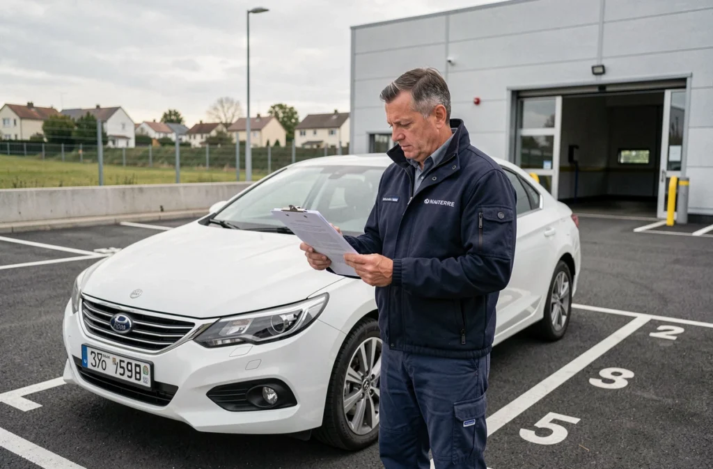 Inspecteur vérifiant un rapport de contrôle technique devant un véhicule dans le centre Autosur de Nanterre